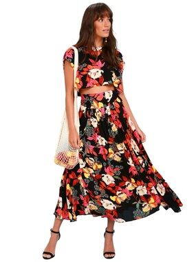 Free People Sundown Floral Wrap Midi Maxi Skirt Black Combo Medium GUC